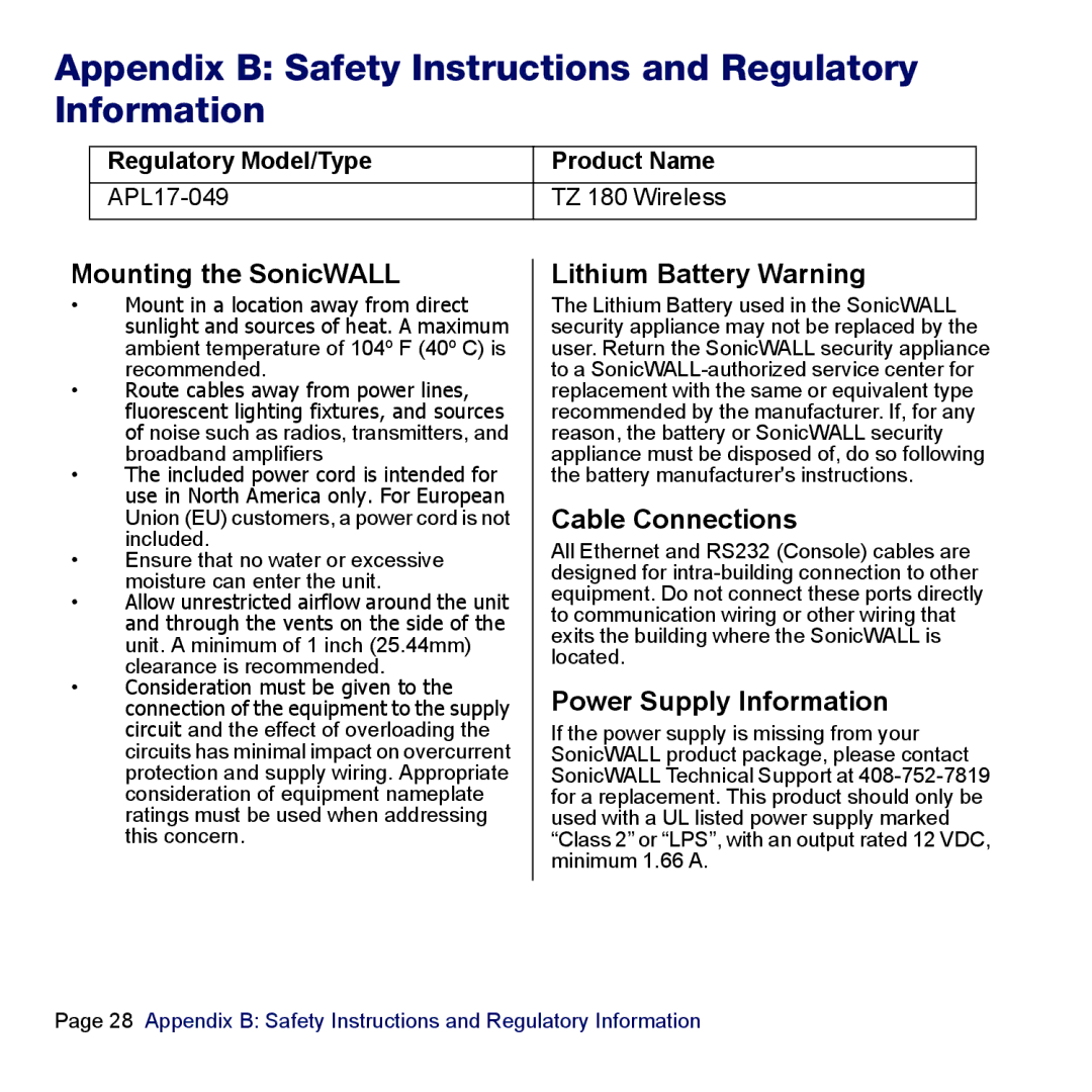 SonicWALL TZ 180 Appendix B Safety Instructions and Regulatory Information, Mounting the SonicWALL, Cable Connections 