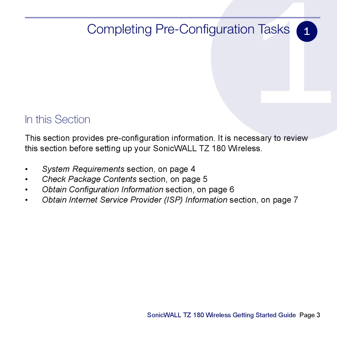 SonicWALL TZ 180 manual Completing Pre-Configuration Tasks, This Section 