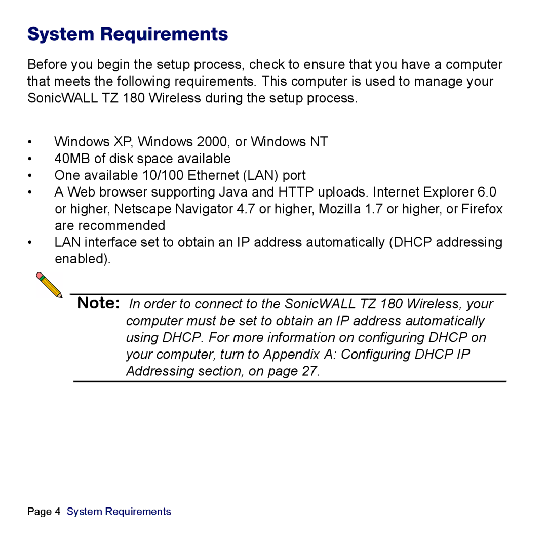 SonicWALL TZ 180 manual System Requirements 