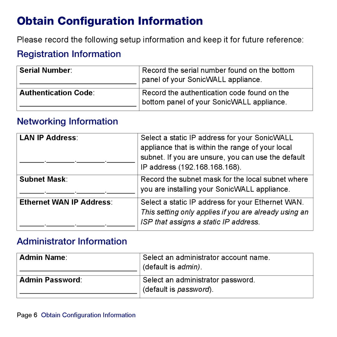 SonicWALL TZ 180 manual Obtain Configuration Information, Networking Information 