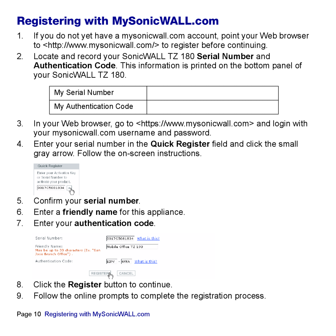 SonicWALL TZ 180 manual Enter your authentication code 