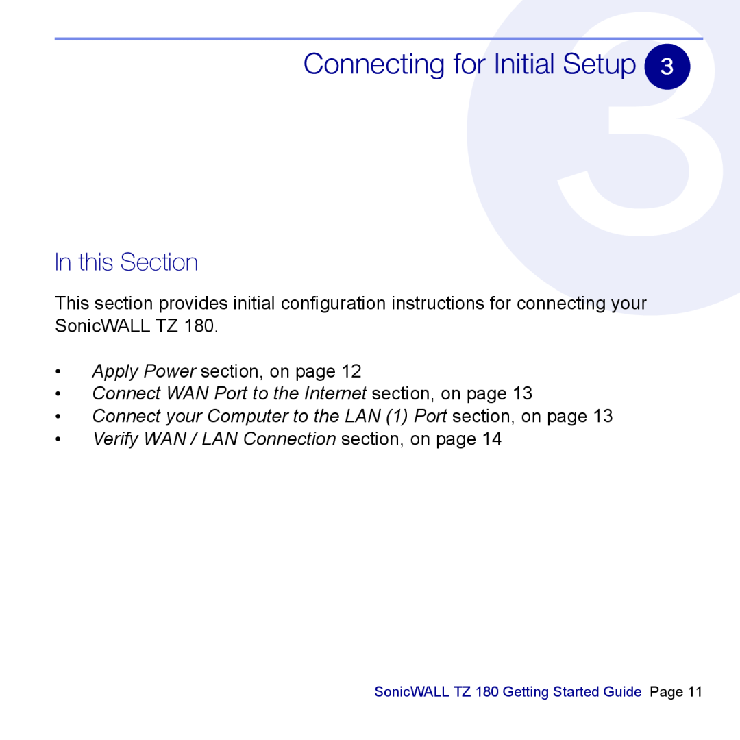 SonicWALL TZ 180 manual Connecting for Initial Setup, Verify WAN / LAN Connection section, on page, In this Section 
