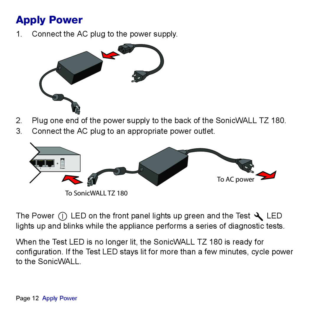 SonicWALL TZ 180 manual Apply Power 
