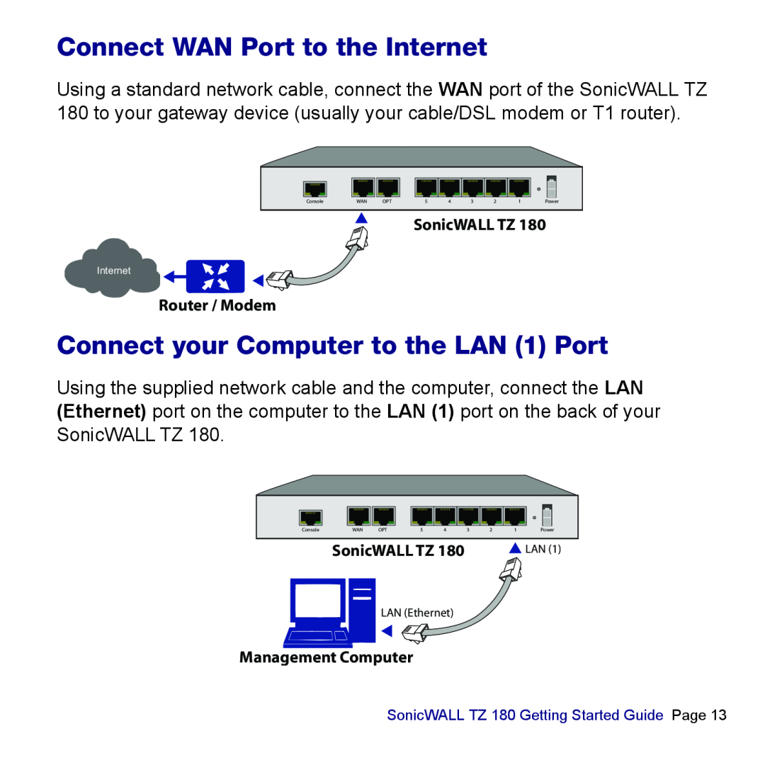 SonicWALL TZ 180 manual Connect WAN Port to the Internet, Connect your Computer to the LAN 1 Port, LAN Ethernet 