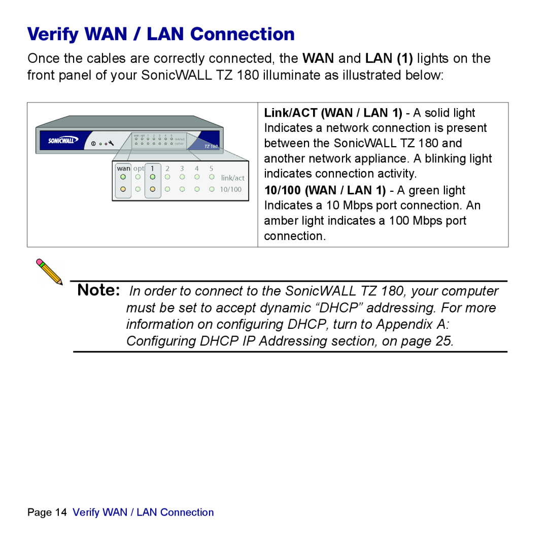 SonicWALL TZ 180 manual Verify WAN / LAN Connection, Configuring DHCP IP Addressing section, on page 