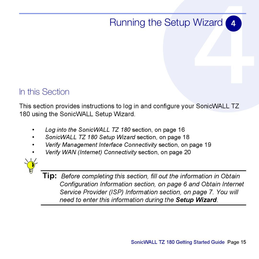 SonicWALL manual Running the Setup Wizard, In this Section, Log into the SonicWALL TZ 180 section, on page 