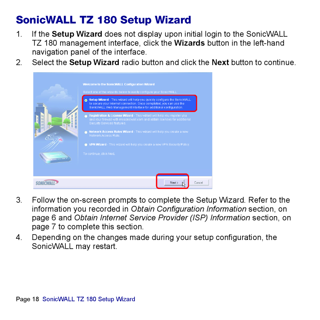 SonicWALL manual Page 18 SonicWALL TZ 180 Setup Wizard 
