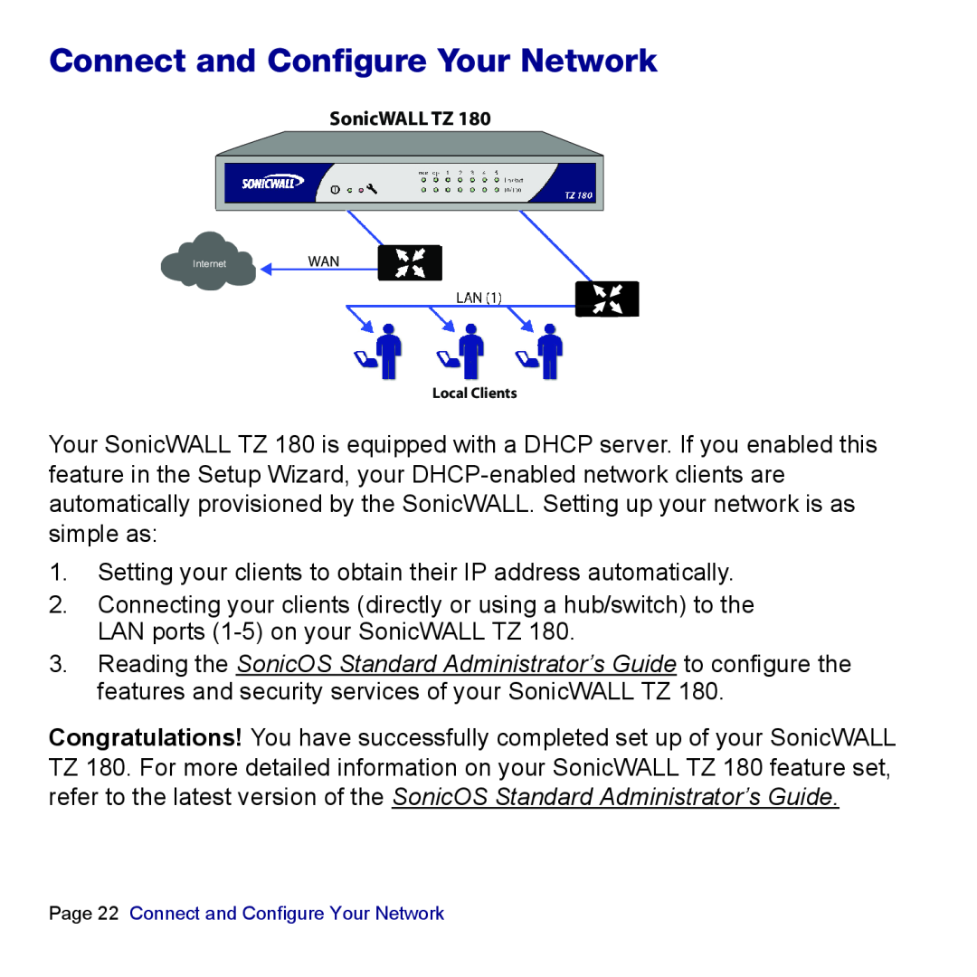 SonicWALL TZ 180 manual Page 22 Connect and Configure Your Network 