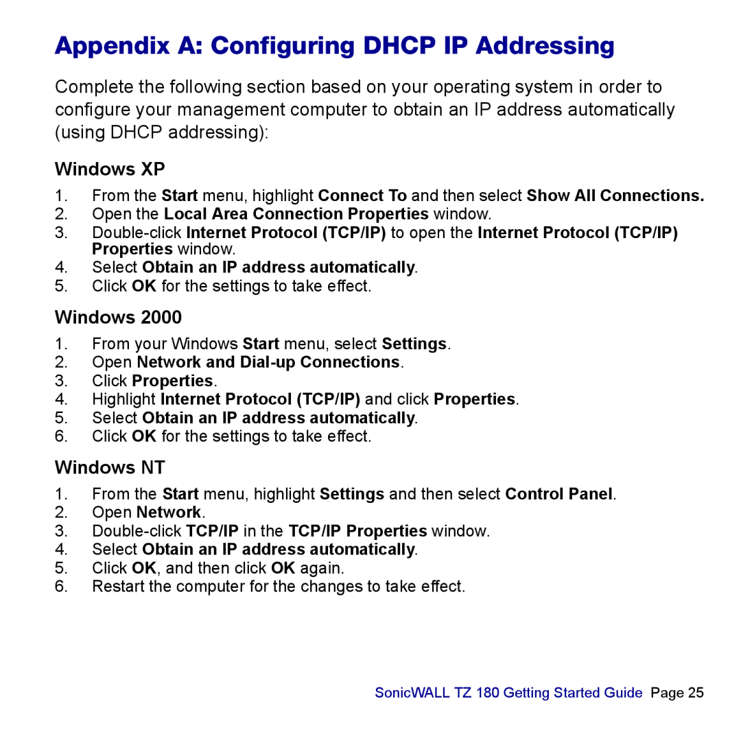 SonicWALL TZ 180 manual Appendix A Configuring DHCP IP Addressing, Windows XP, Windows NT 