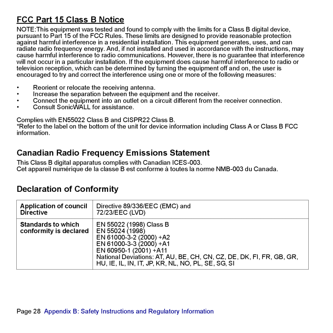 SonicWALL TZ 180 manual FCC Part 15 Class B Notice, Canadian Radio Frequency Emissions Statement, Declaration of Conformity 