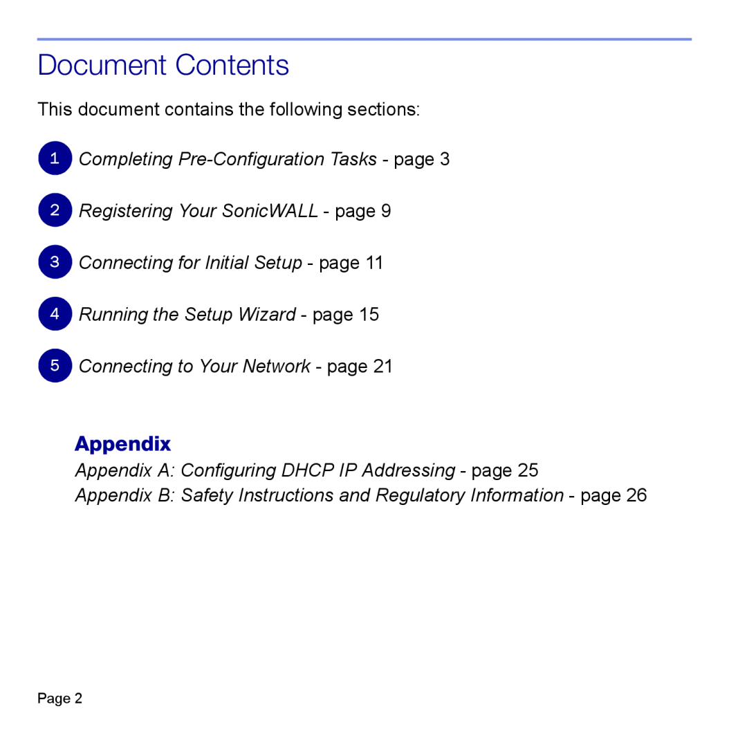 SonicWALL TZ 180 Document Contents, Appendix, 1Completing Pre-ConfigurationTasks - page, 4Running the Setup Wizard - page 