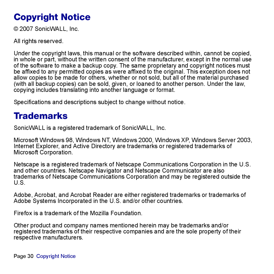 SonicWALL TZ 180 manual Copyright Notice, Trademarks 