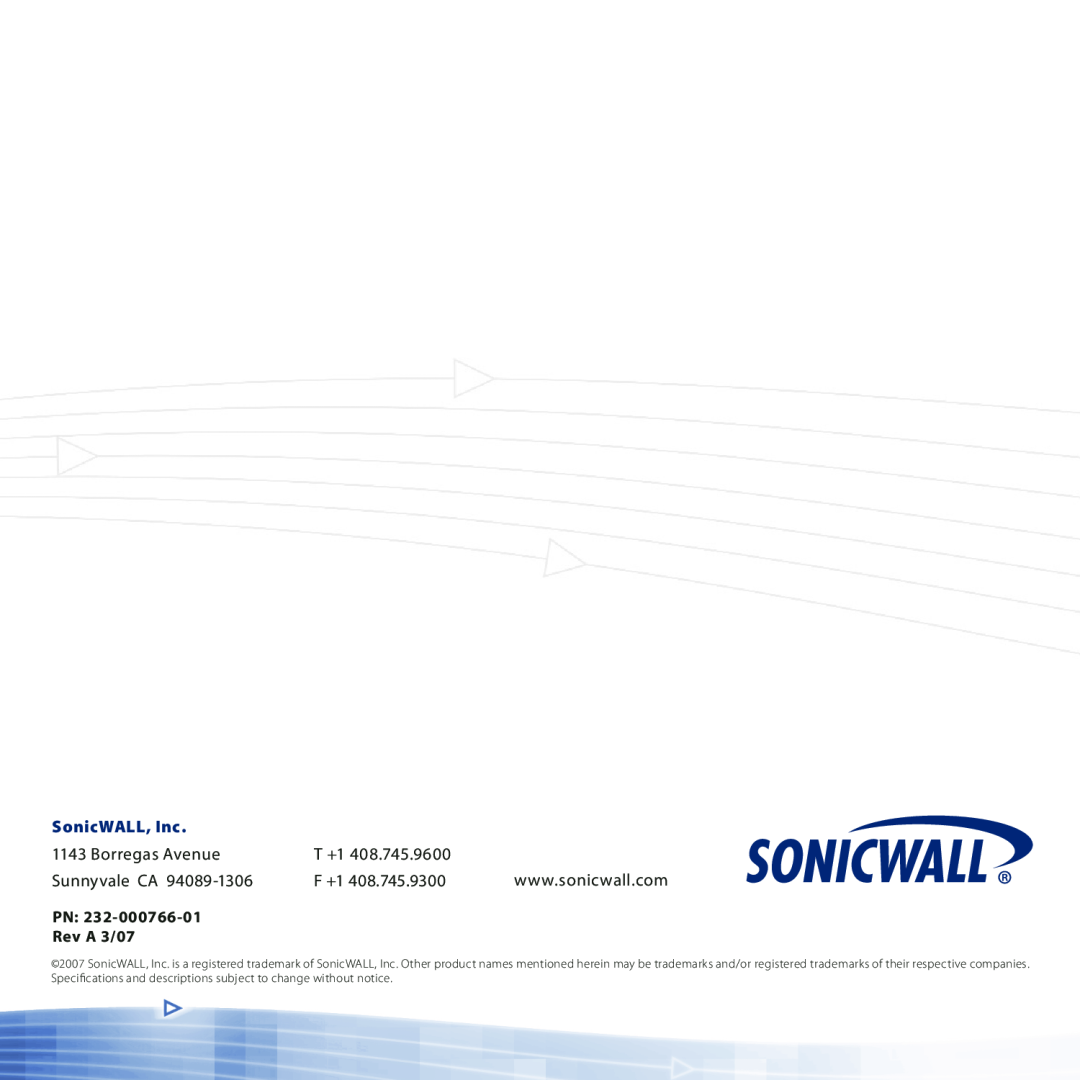 SonicWALL TZ 180 manual SonicWALL, Inc, Borregas Avenue, T +1, Sunnyvale CA, F +1, Rev A 3/07 