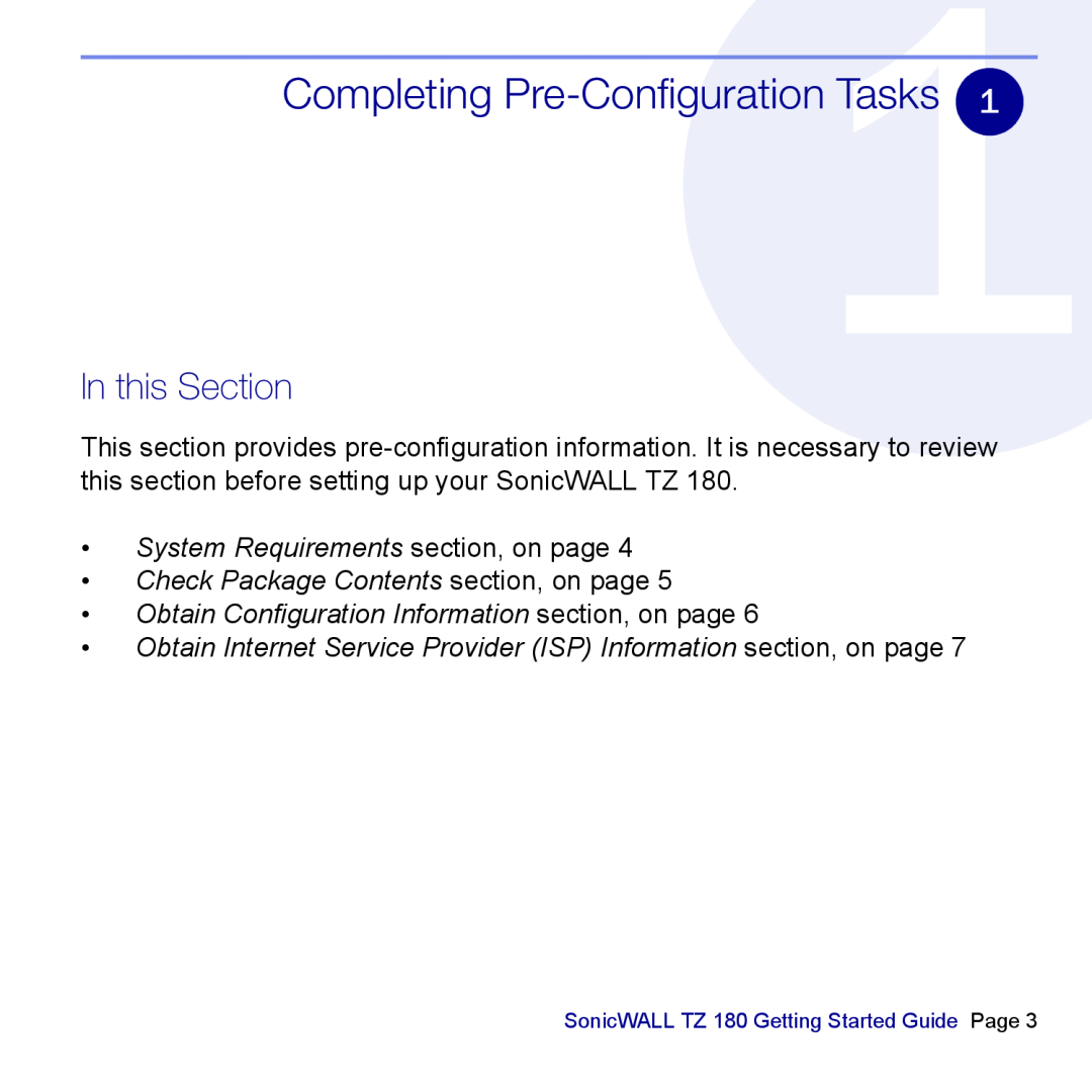 SonicWALL TZ 180 manual Completing Pre-ConfigurationTasks, In this Section, System Requirements section, on page 