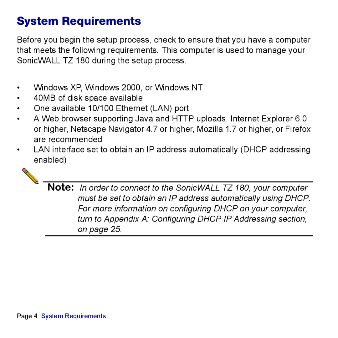 SonicWALL TZ 180 manual System Requirements 