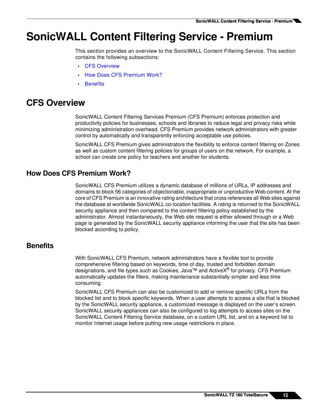 SonicWALL TZ 180 manual SonicWALL Content Filtering Service - Premium, CFS Overview, How Does CFS Premium Work?, Benefits 