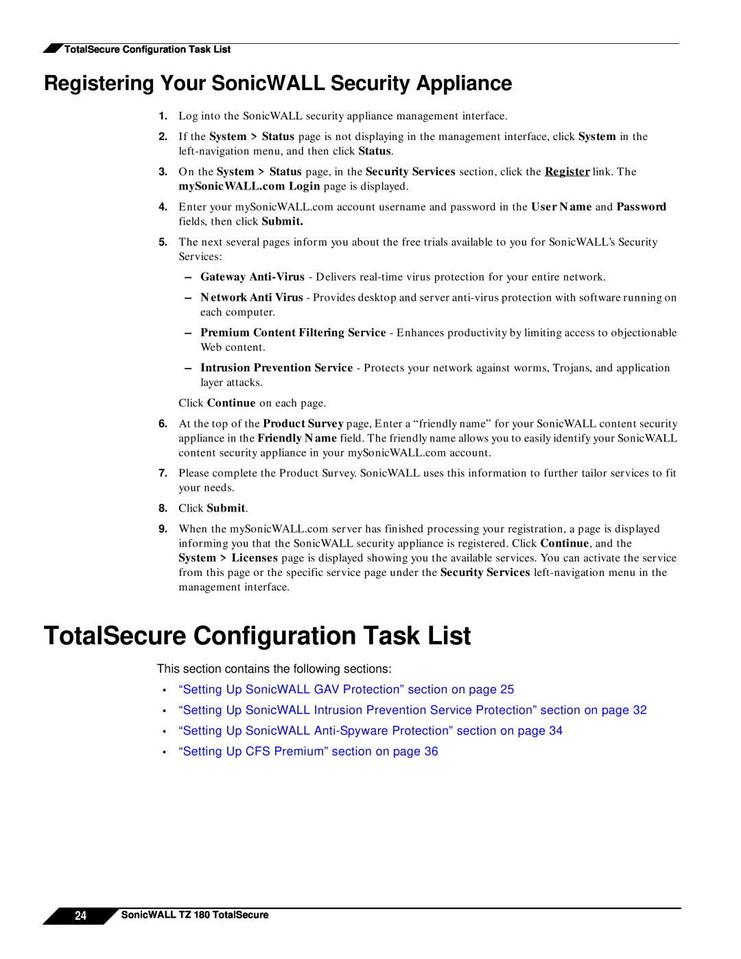 SonicWALL TZ 180 manual TotalSecure Configuration Task List, Registering Your SonicWALL Security Appliance 
