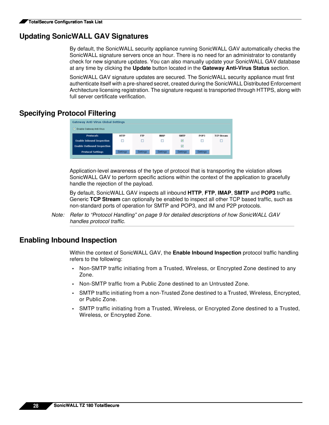 SonicWALL TZ 180 manual Updating SonicWALL GAV Signatures, Specifying Protocol Filtering, Enabling Inbound Inspection 