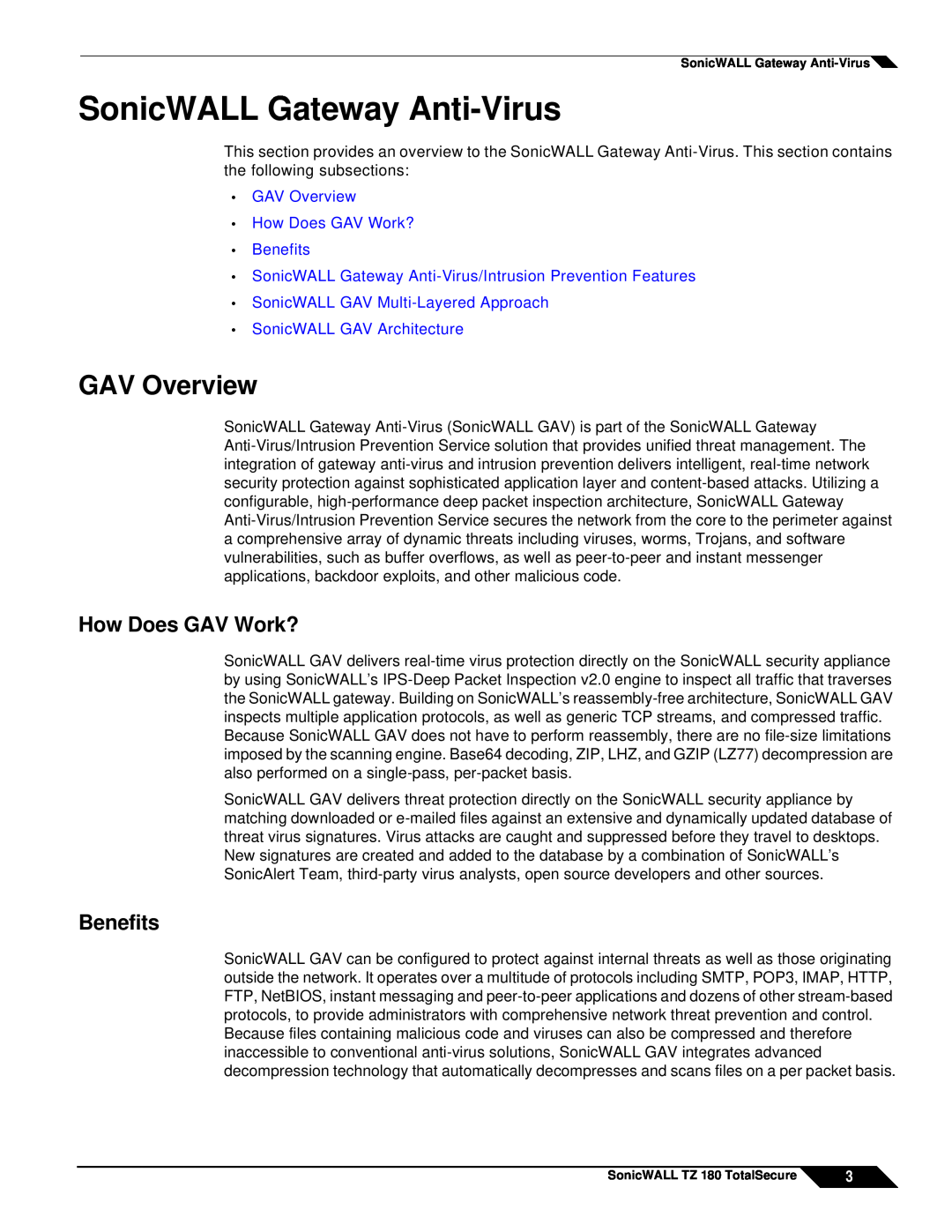 SonicWALL TZ 180 manual SonicWALL Gateway Anti-Virus, GAV Overview, How Does GAV Work?, Benefits 