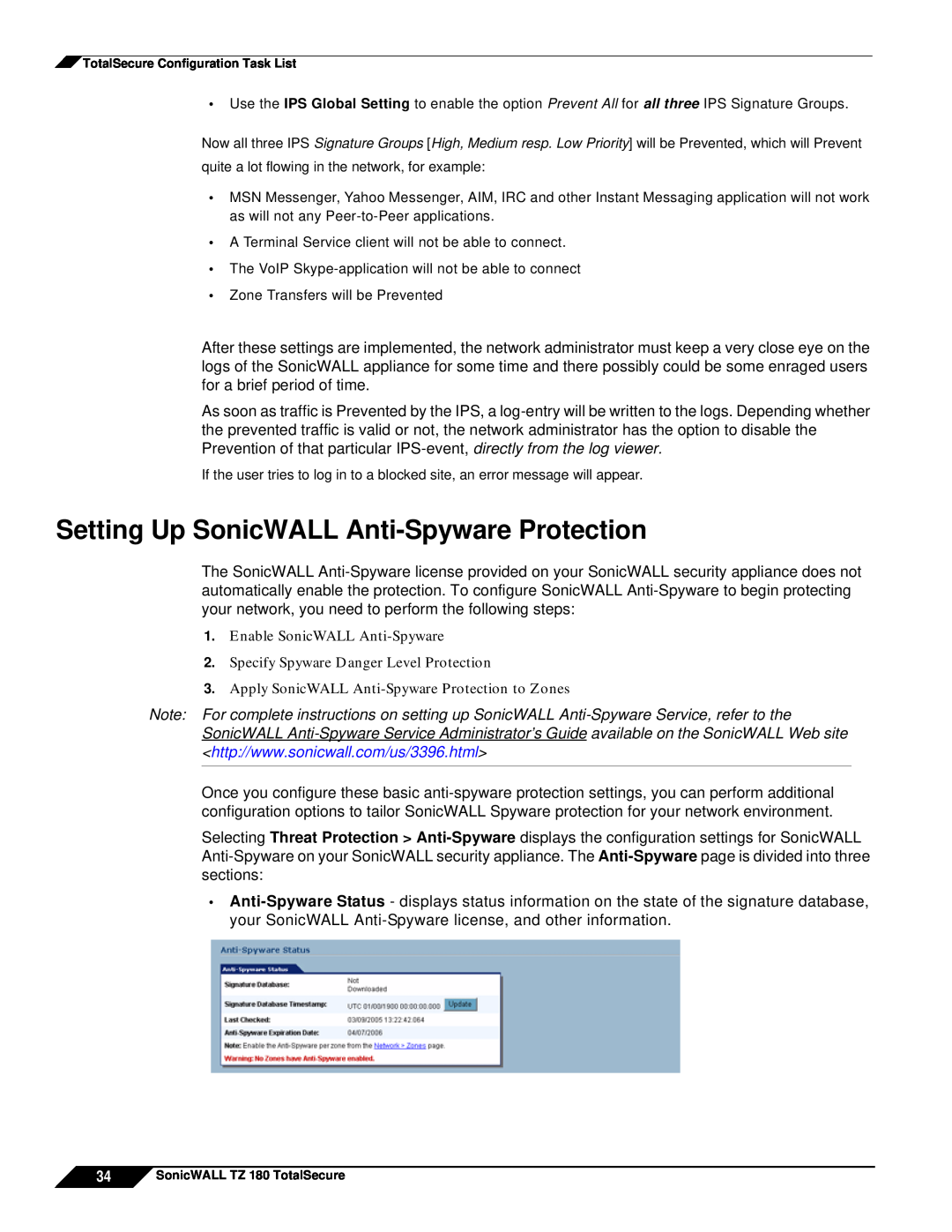 SonicWALL TZ 180 manual Setting Up SonicWALL Anti-SpywareProtection, Enable SonicWALL Anti-Spyware 