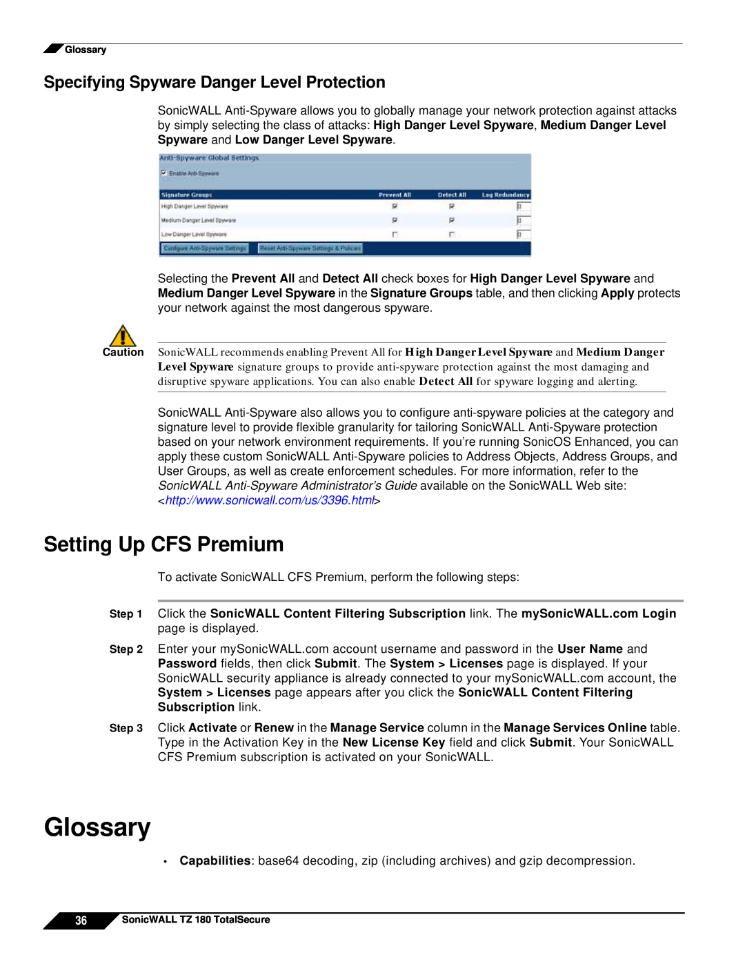 SonicWALL TZ 180 manual Glossary, Setting Up CFS Premium, Specifying Spyware Danger Level Protection 