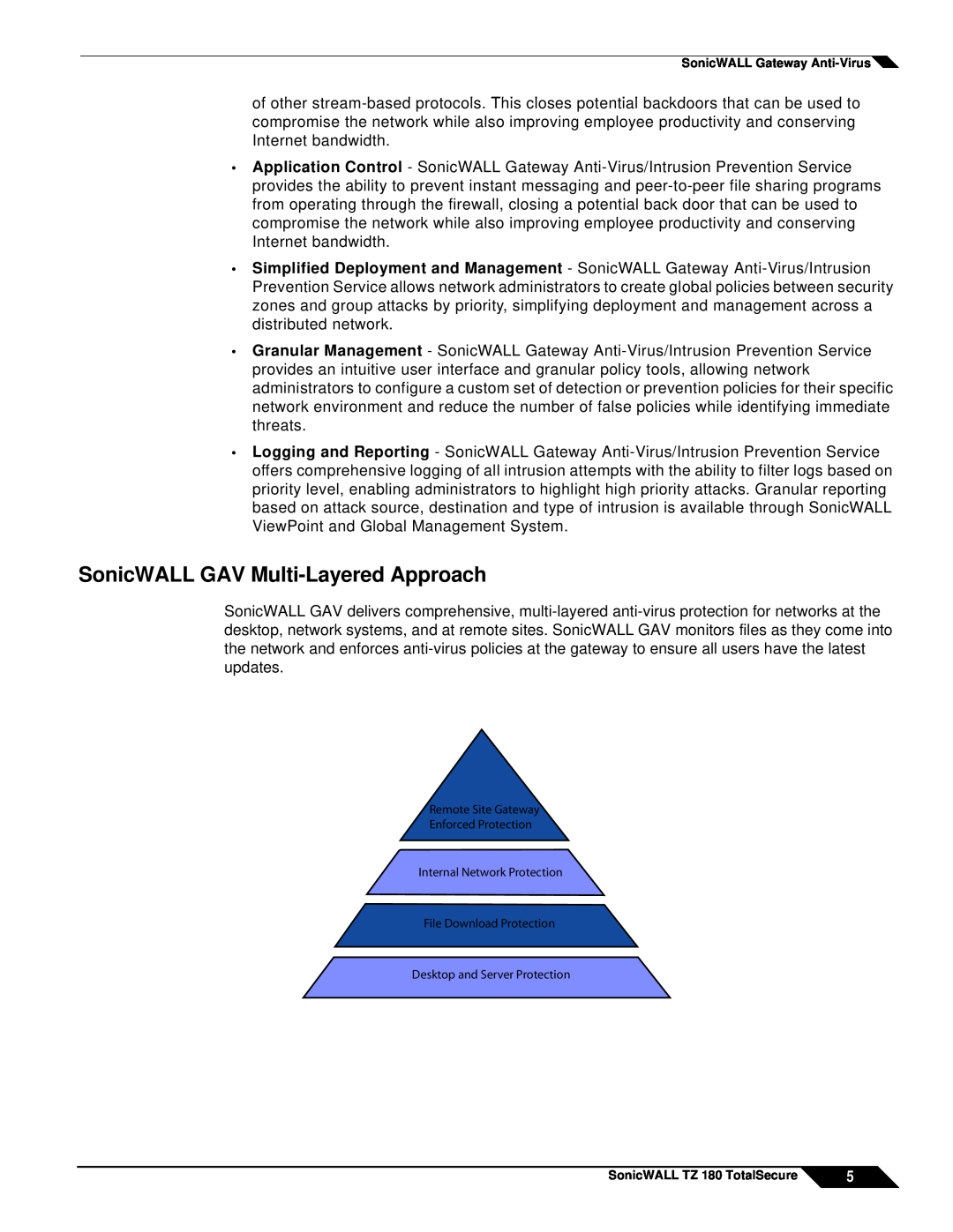 SonicWALL TZ 180 manual SonicWALL GAV Multi-LayeredApproach, NTERNAL .ETWORK 0ROTECTION, ILEL$OWNLOAD 0ROTECTION 