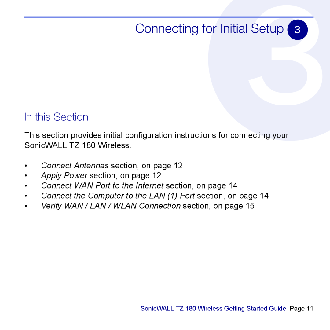 SonicWALL TZ 180 manual Connecting for Initial Setup, In this Section, Connect Antennas section, on page 