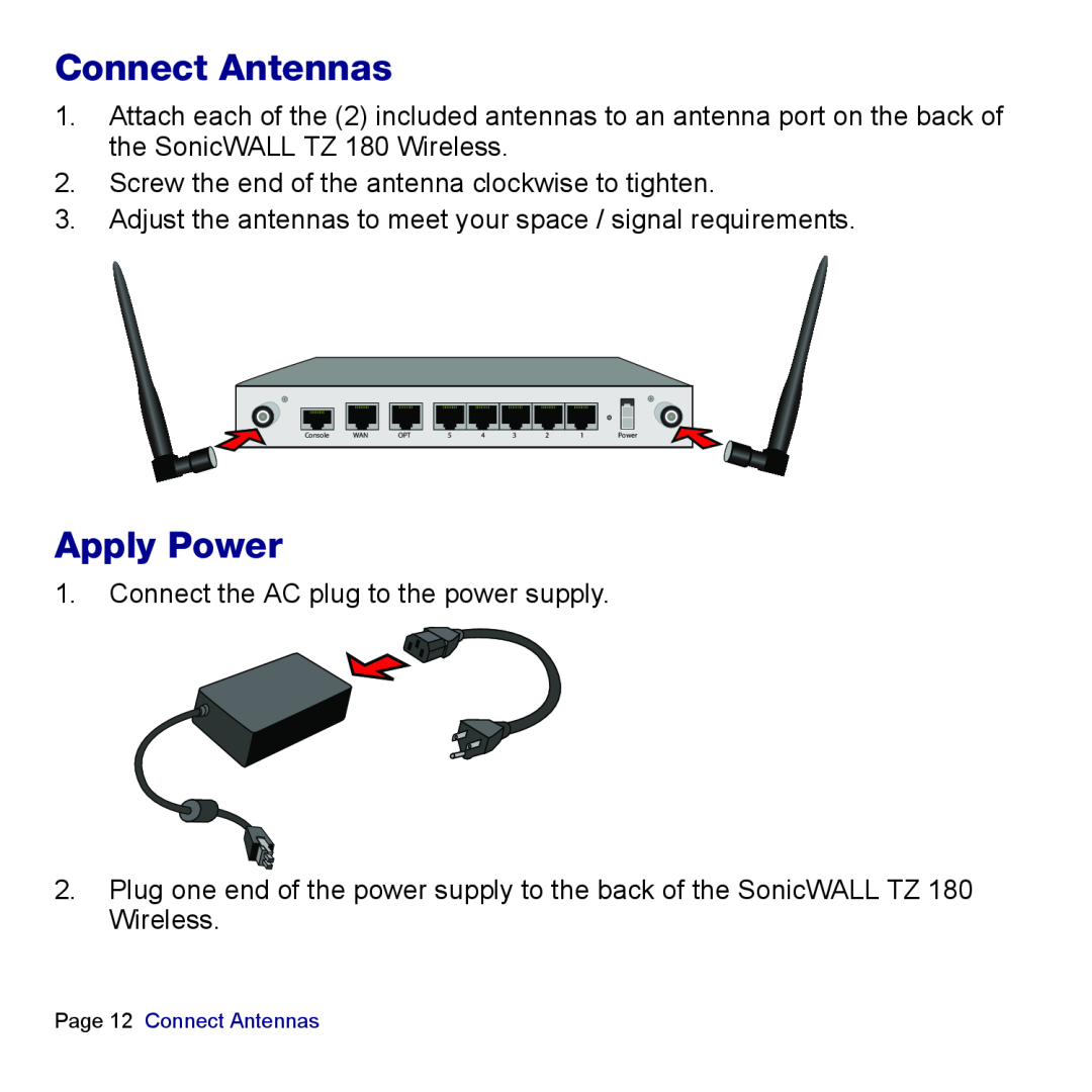 SonicWALL TZ 180 manual Connect Antennas, Apply Power 