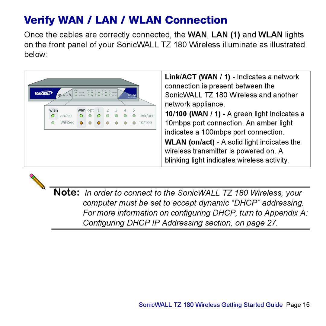 SonicWALL TZ 180 manual Verify WAN / LAN / WLAN Connection 
