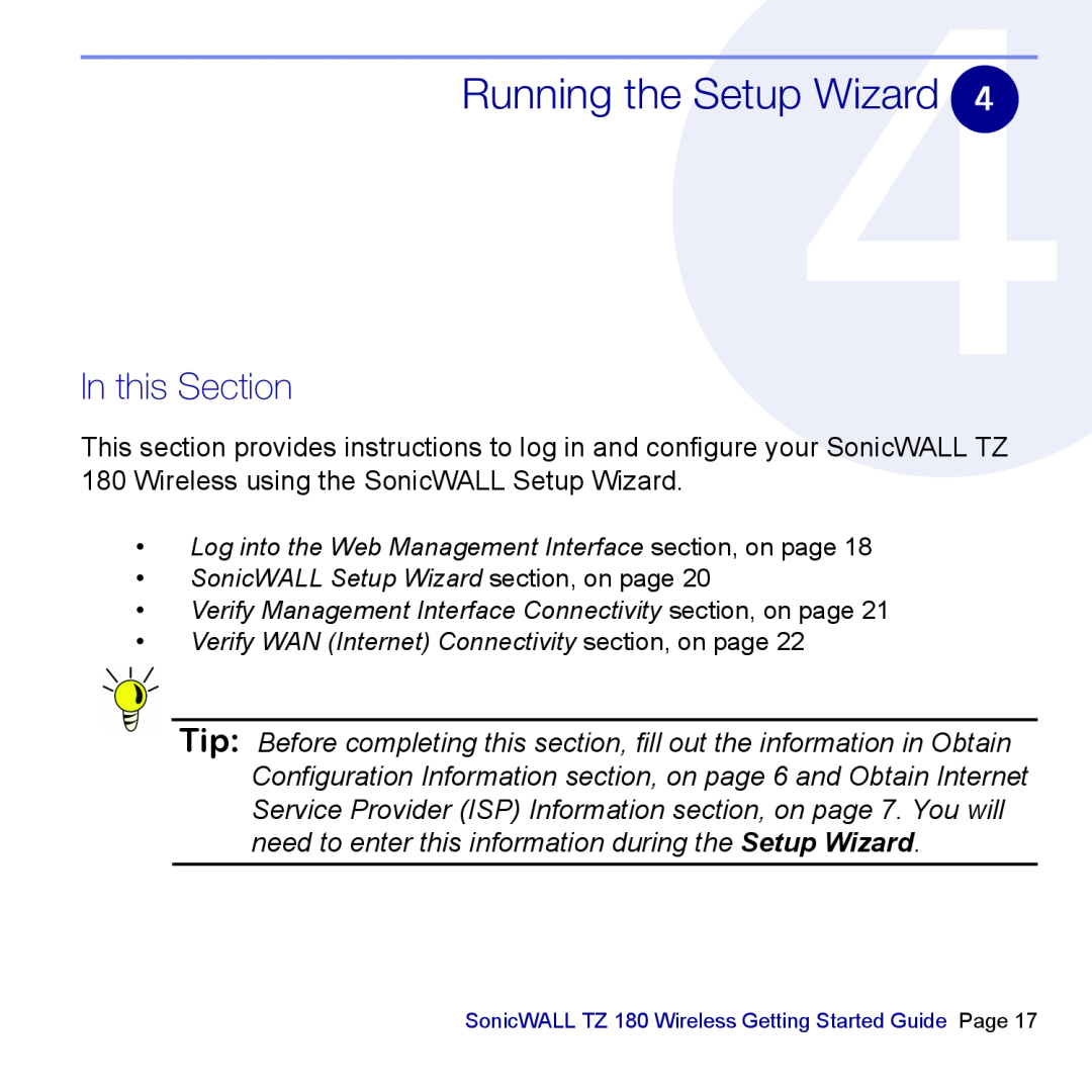 SonicWALL TZ 180 manual Running the Setup Wizard, In this Section, SonicWALL Setup Wizard section, on page 