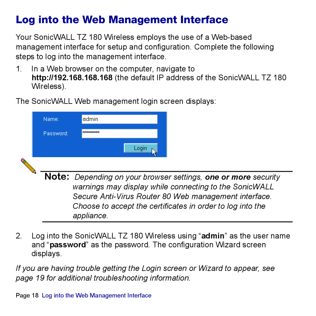 SonicWALL TZ 180 manual Log into the Web Management Interface 