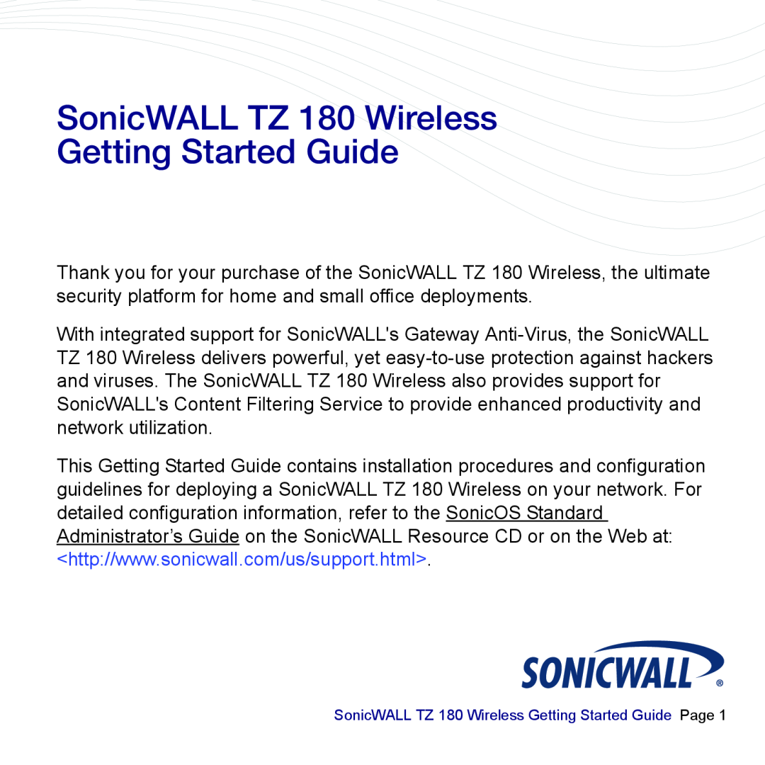 SonicWALL manual SonicWALL TZ 180 Wireless Getting Started Guide 