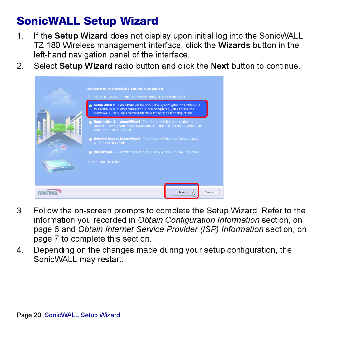 SonicWALL TZ 180 manual Page 20 SonicWALL Setup Wizard 
