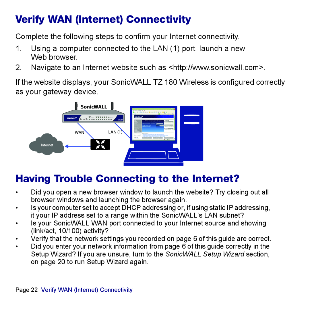SonicWALL TZ 180 manual Verify WAN Internet Connectivity, Having Trouble Connecting to the Internet? 