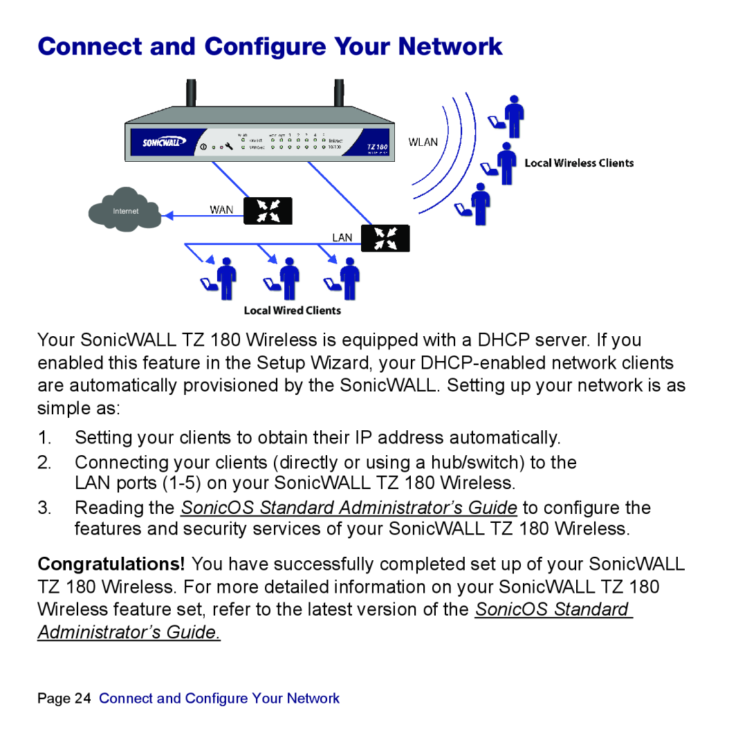 SonicWALL TZ 180 manual Page 24 Connect and Configure Your Network 