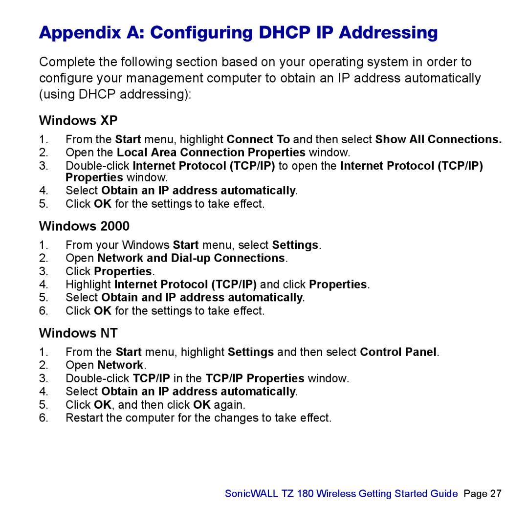 SonicWALL TZ 180 manual Appendix A Configuring DHCP IP Addressing, Windows XP, Windows NT 
