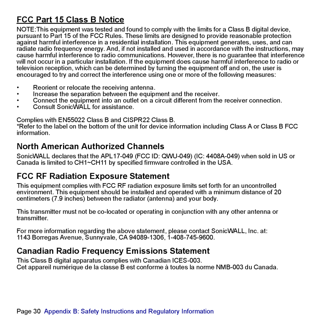 SonicWALL TZ 180 manual FCC Part 15 Class B Notice, North American Authorized Channels, FCC RF Radiation Exposure Statement 