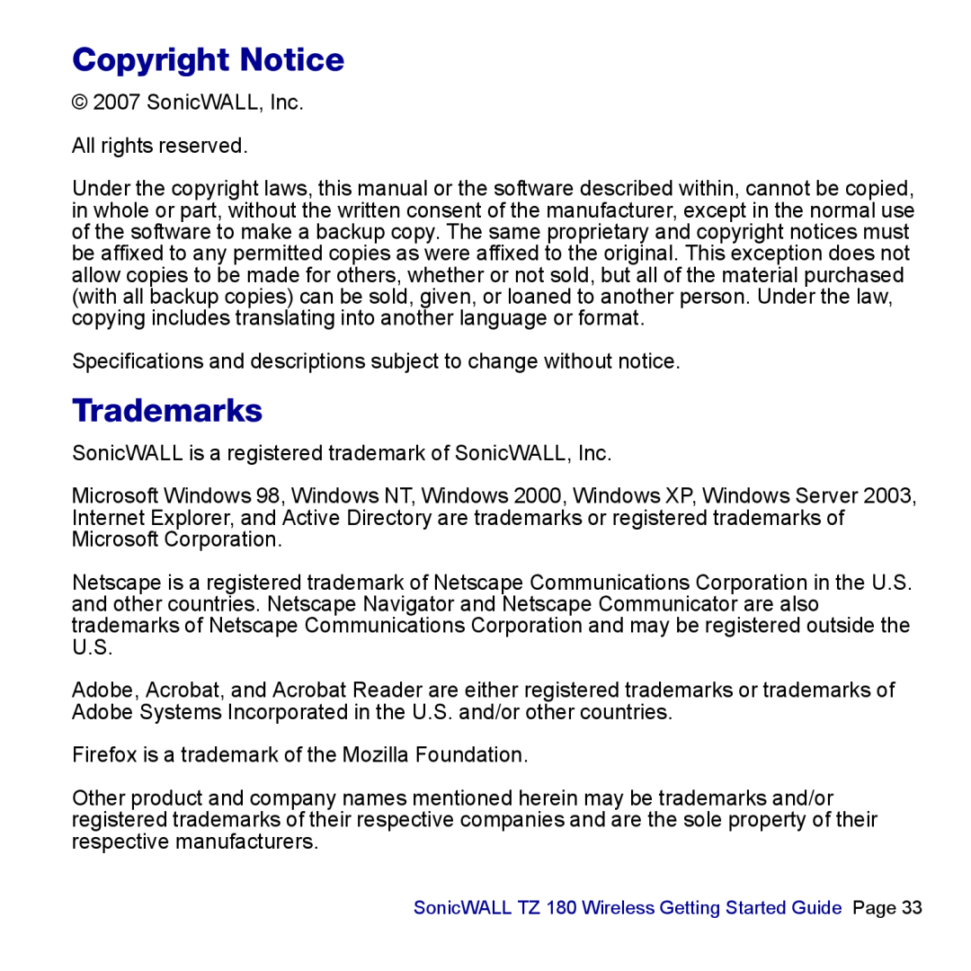 SonicWALL TZ 180 manual Copyright Notice, Trademarks 