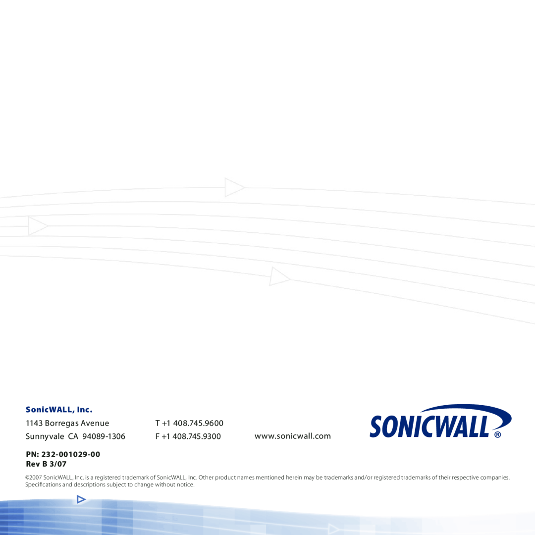 SonicWALL TZ 180 manual SonicWALL, Inc, Borregas Avenue, T +1, Sunnyvale CA, F +1, Rev B 3/07 