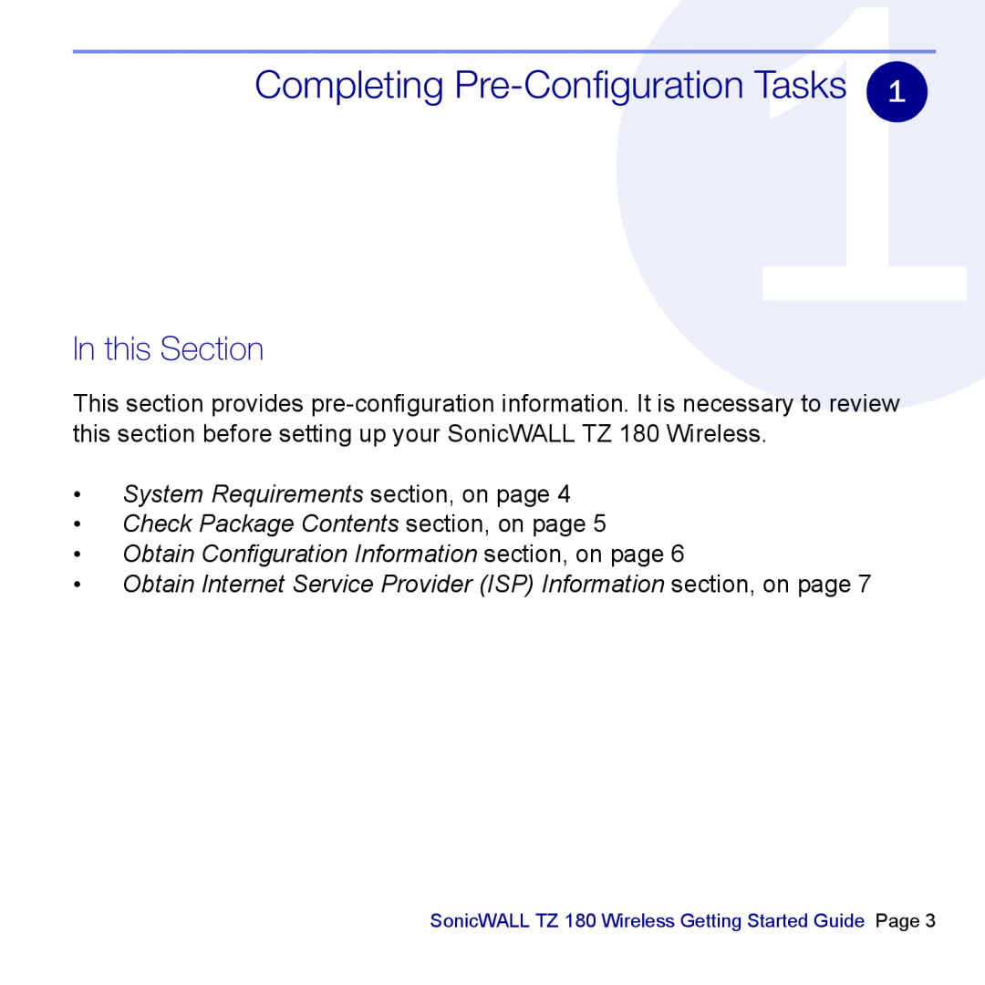 SonicWALL TZ 180 manual Completing Pre-ConfigurationTasks, In this Section 