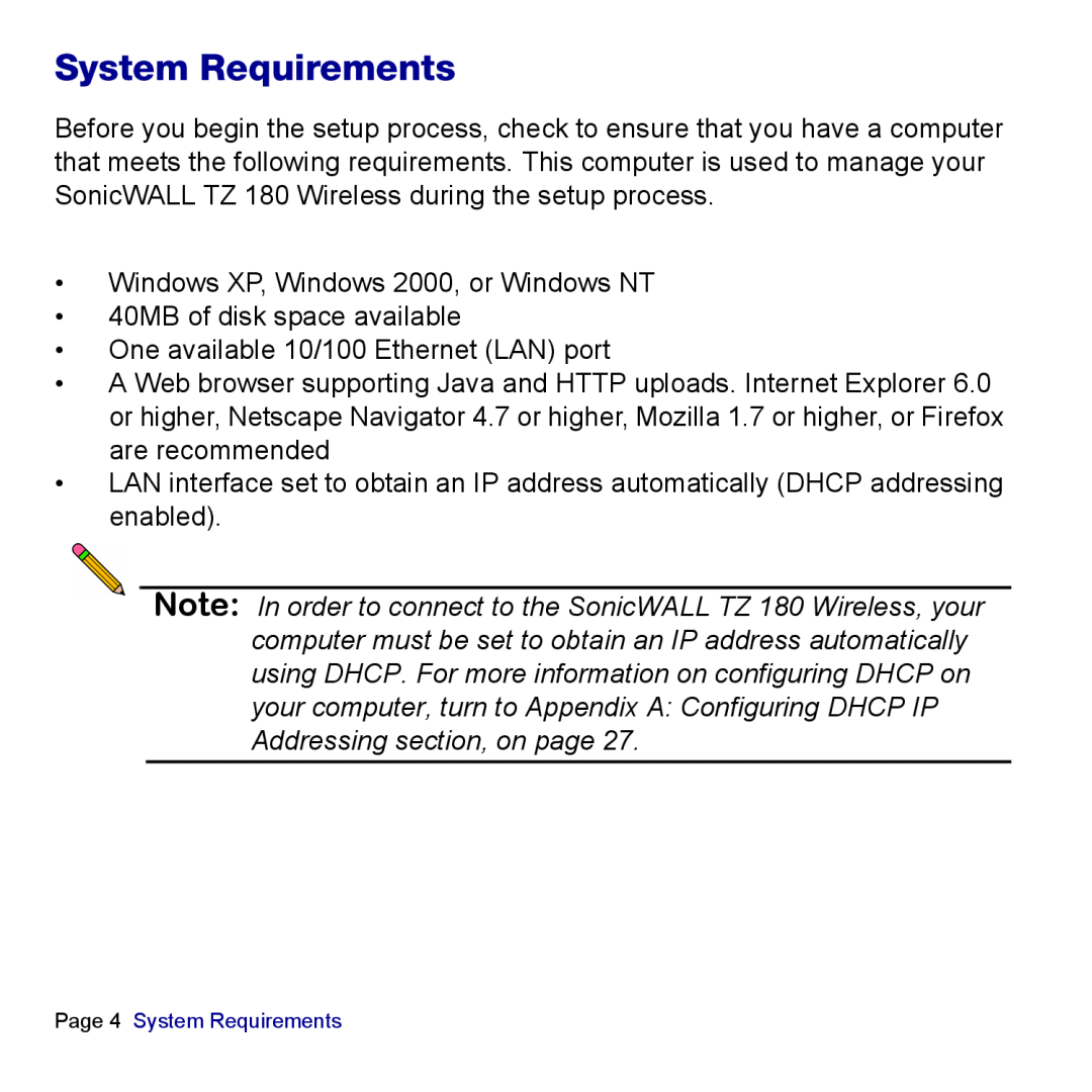 SonicWALL TZ 180 manual System Requirements 