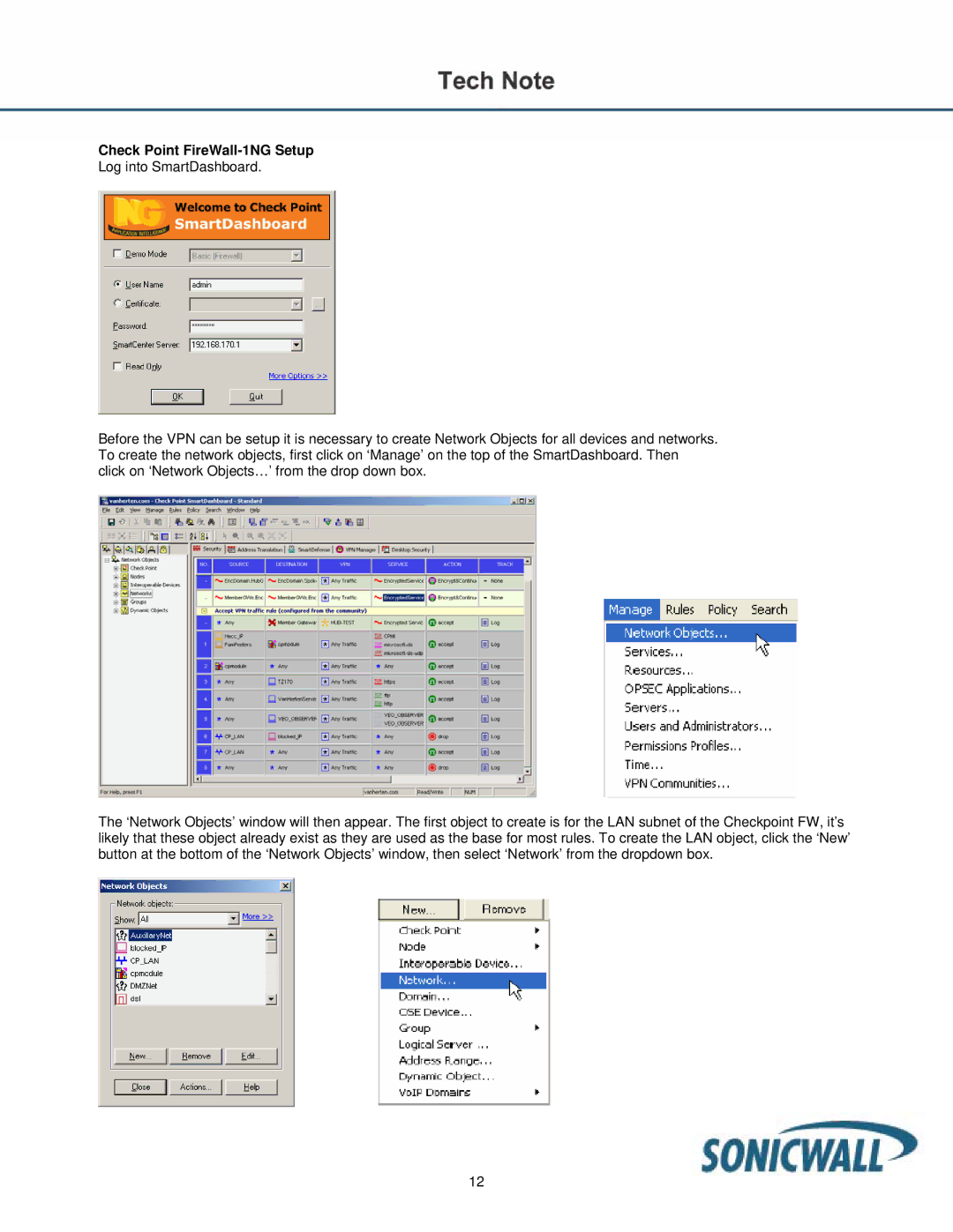 SonicWALL TZ170 manual Check Point FireWall-1NG Setup 