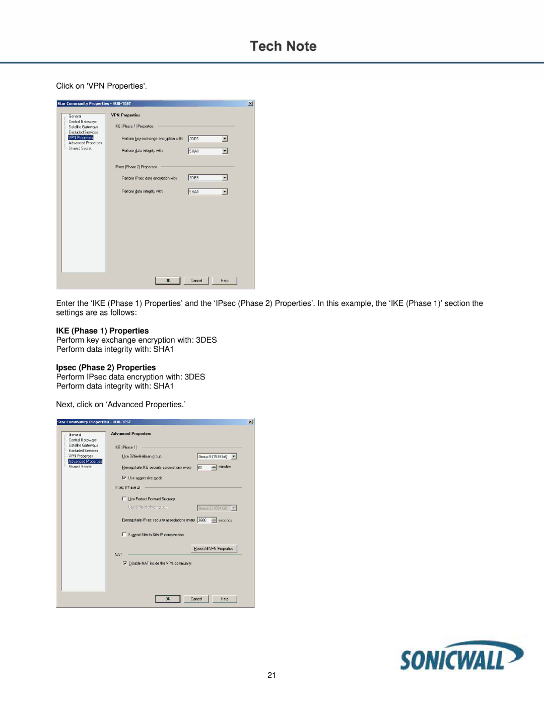 SonicWALL TZ170 manual IKE Phase 1 Properties, Ipsec Phase 2 Properties 