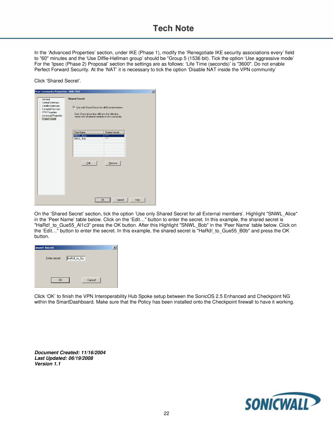 SonicWALL TZ170 manual Document Created 11/16/2004 Last Updated 06/19/2008 Version 