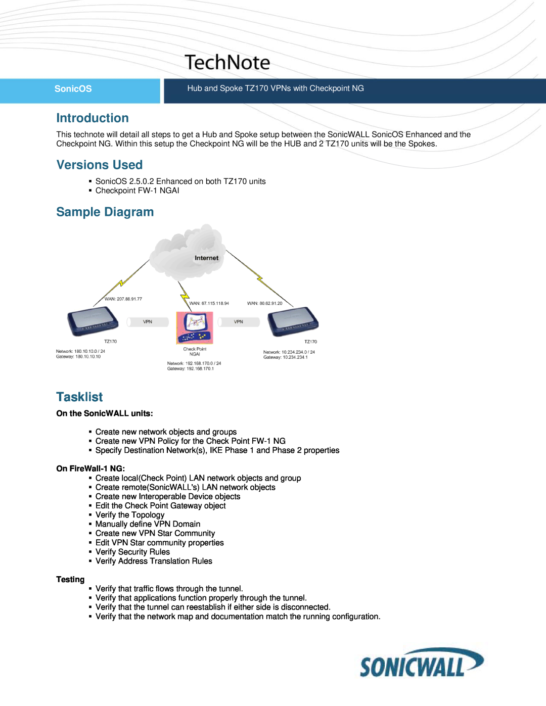SonicWALL TZ170 manual Introduction, Versions Used, Sample Diagram Tasklist, On the SonicWALL units, On FireWall-1 NG 