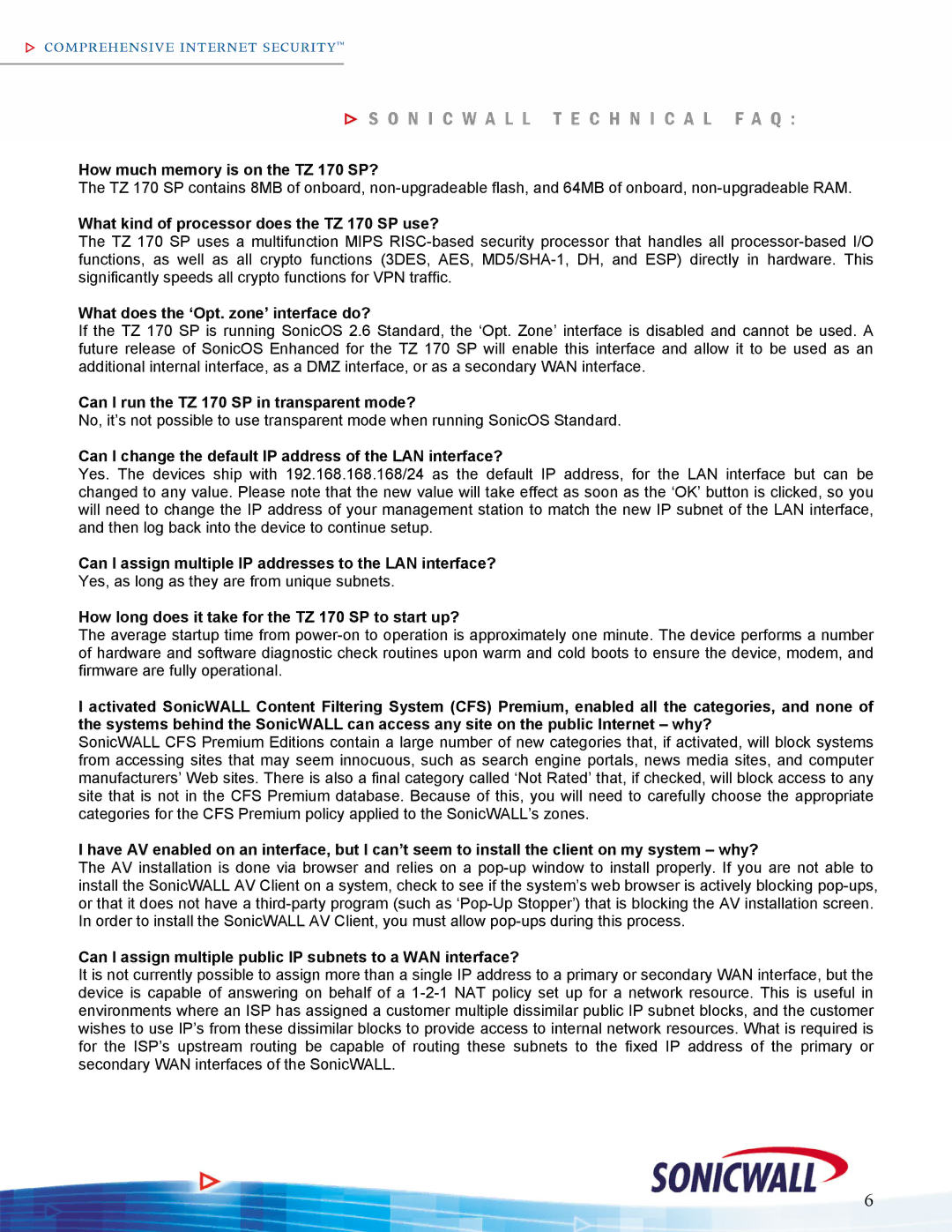 SonicWALL TZ170SP manual How much memory is on the TZ 170 SP?, What kind of processor does the TZ 170 SP use? 