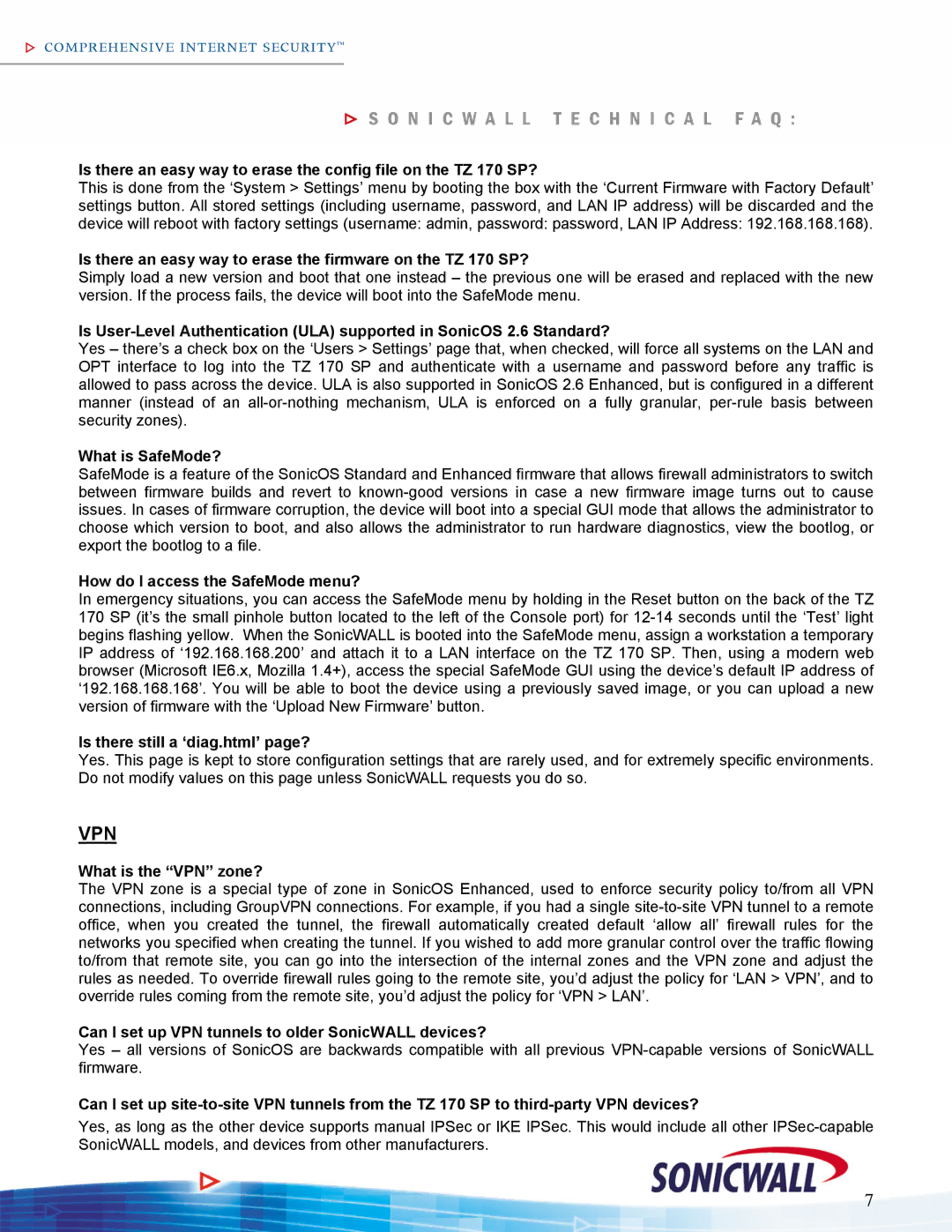 SonicWALL TZ170SP manual Vpn 