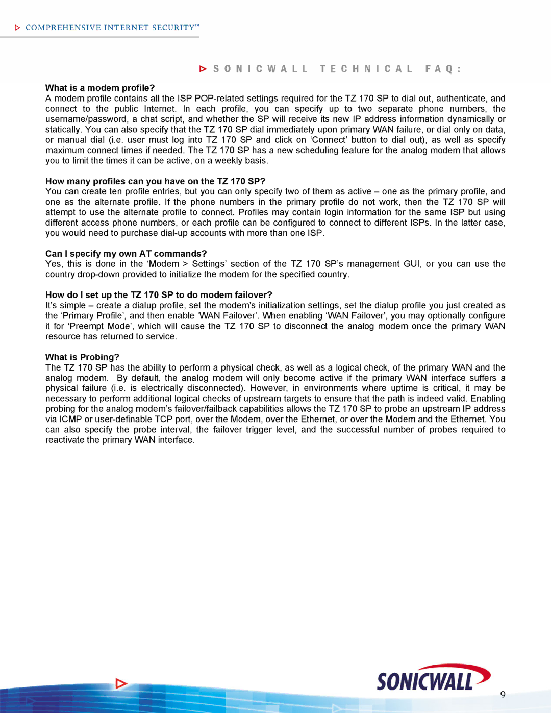 SonicWALL TZ170SP manual What is a modem profile?, How many profiles can you have on the TZ 170 SP?, What is Probing? 