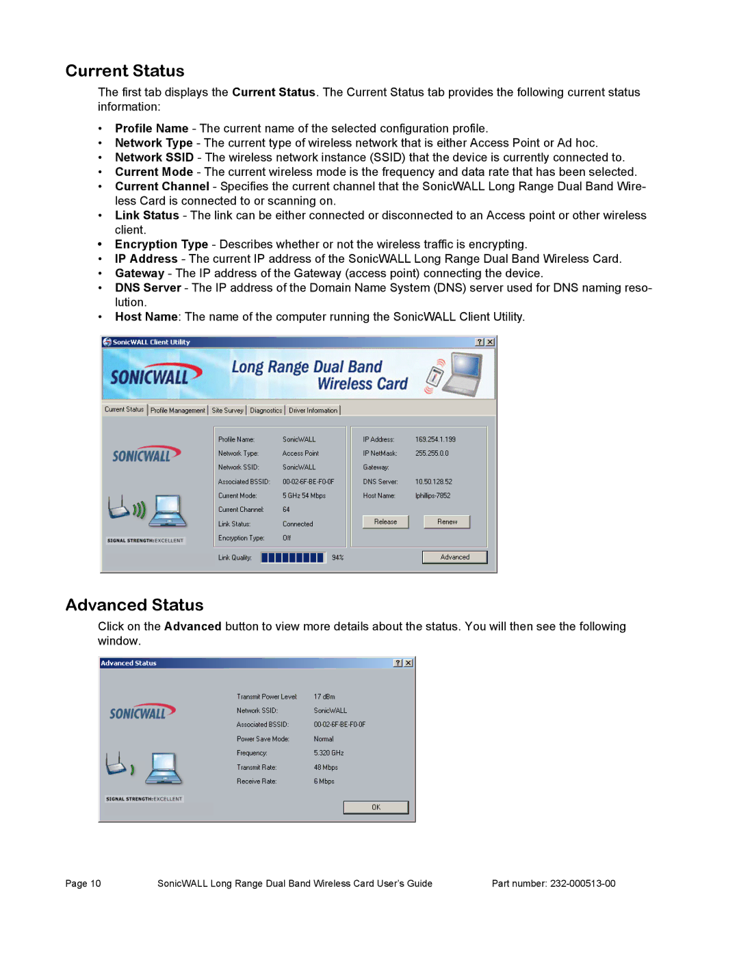 SonicWALL Wireless Card manual Current Status, Advanced Status 