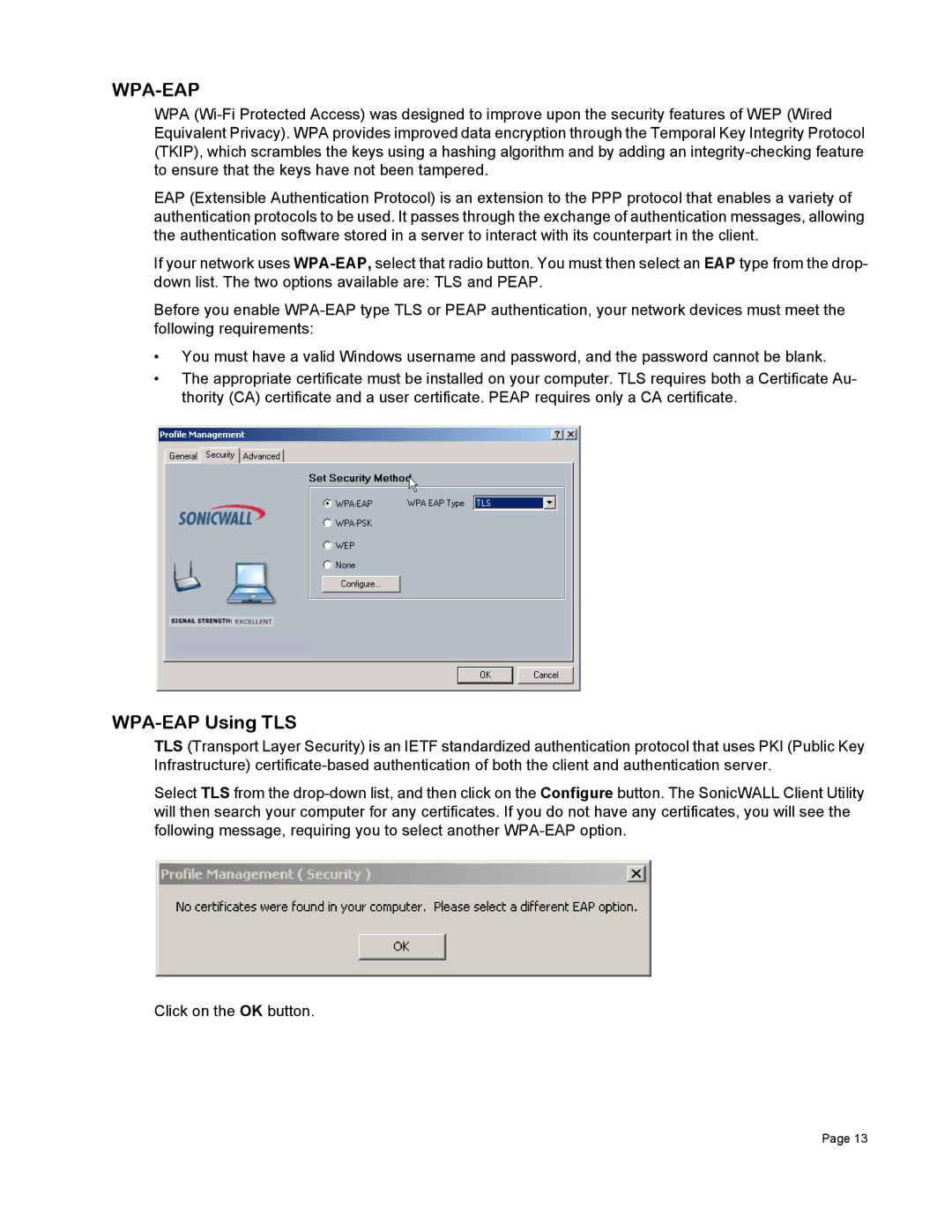 SonicWALL Wireless Card manual Wpa-Eap, WPA-EAP Using TLS 